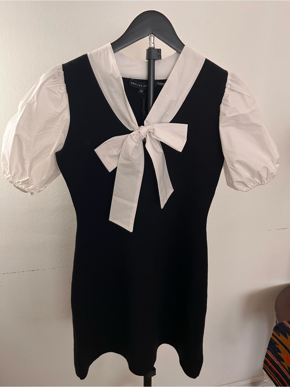 English Factory Black Mini Dress with White Bow Tie - Picture 4 of 7